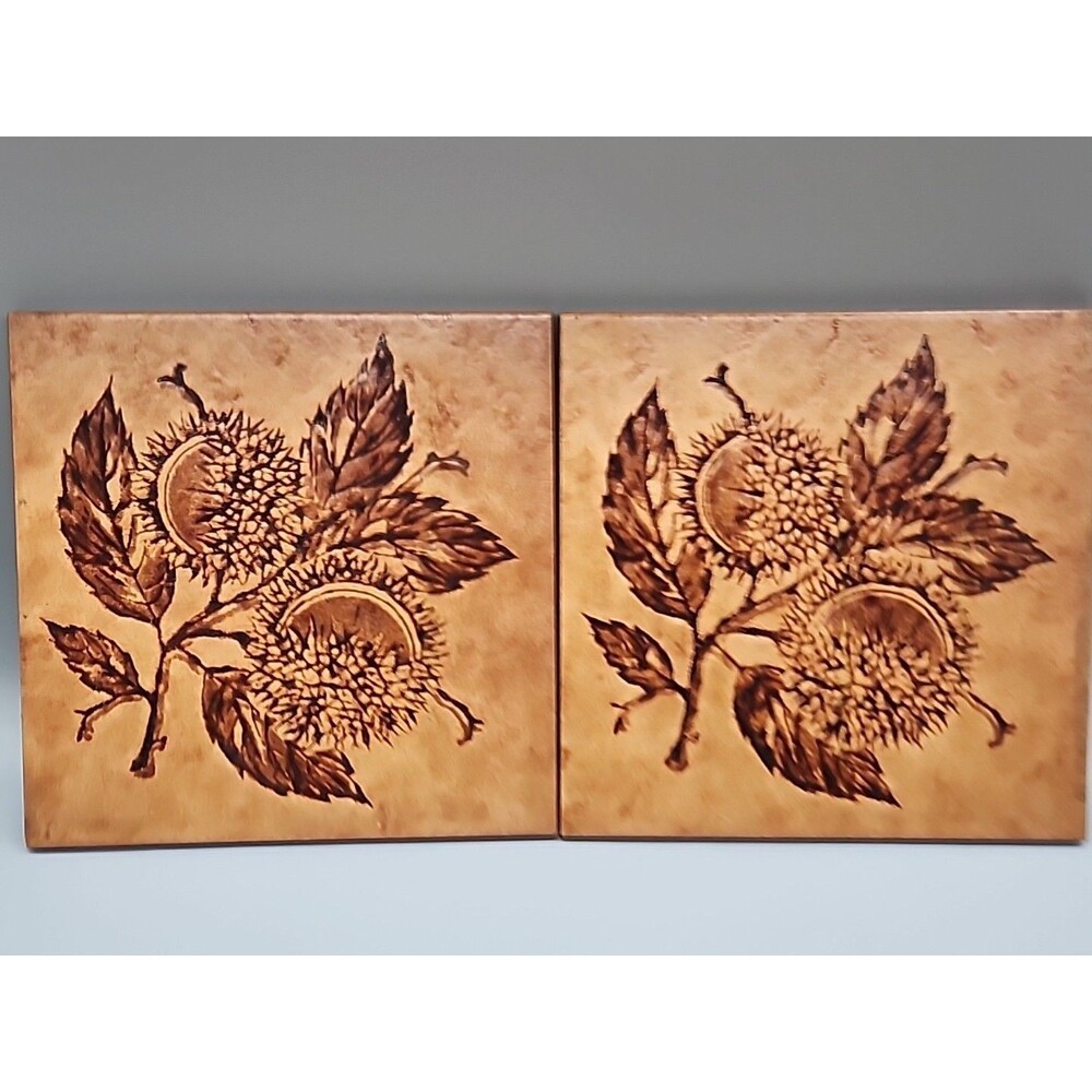 ​Vtg Italian Sassuolo Ceramic Tile Set (12)  Botanical Chestnut & Wheat Relief